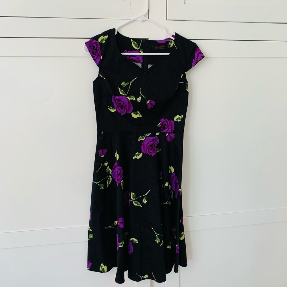 Dress Tells Black Purple Rose Rockabilly Dress Size XS